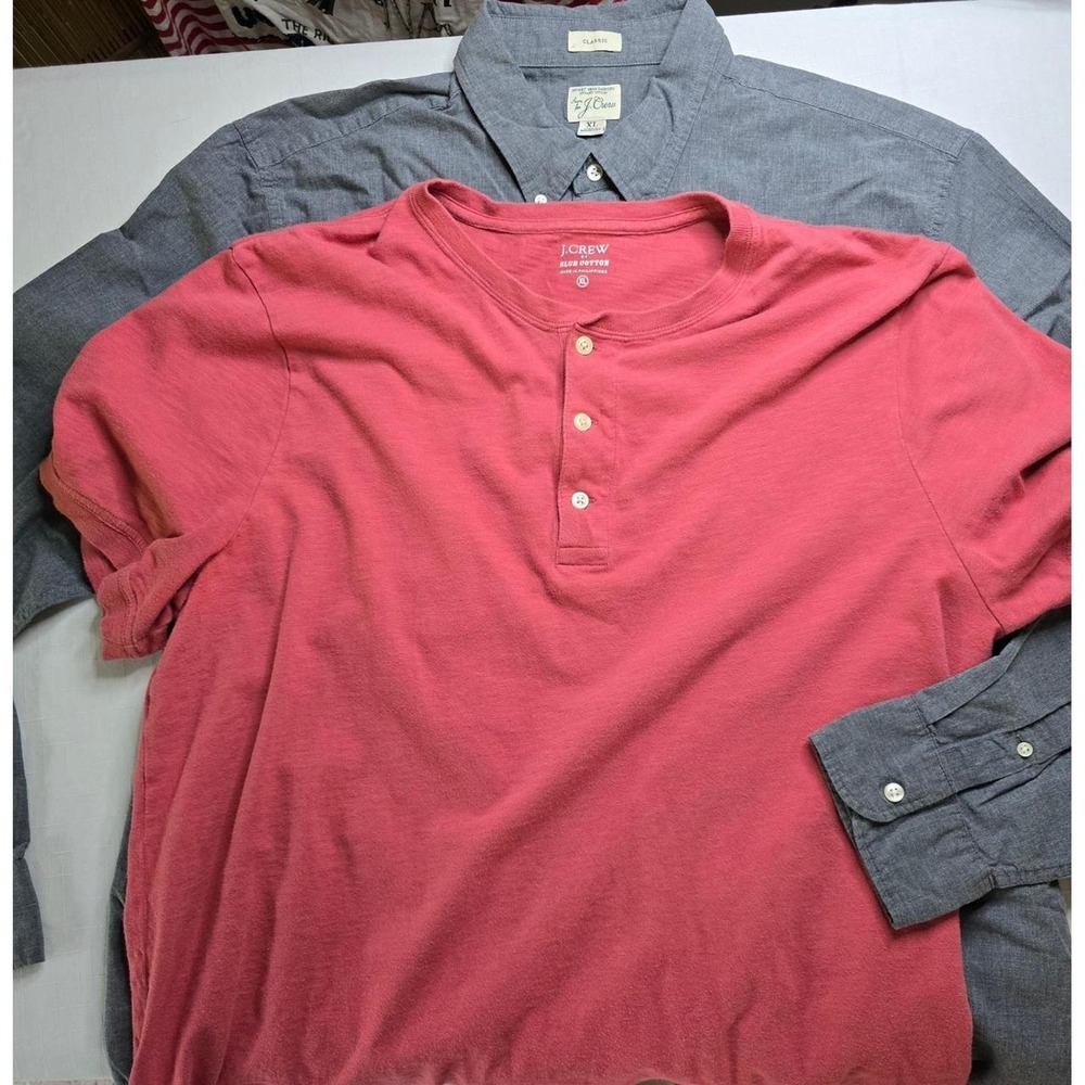 J.Crew Mens XL Shirt Bundle Slub Cotton Henley‎ & Secret Wash Button Down Preppy